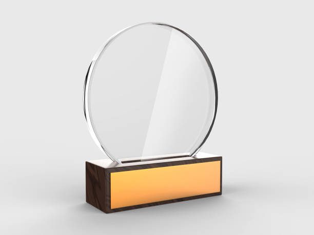 Blank glass trophy mock up stand on wooden base, 3d illustration.
